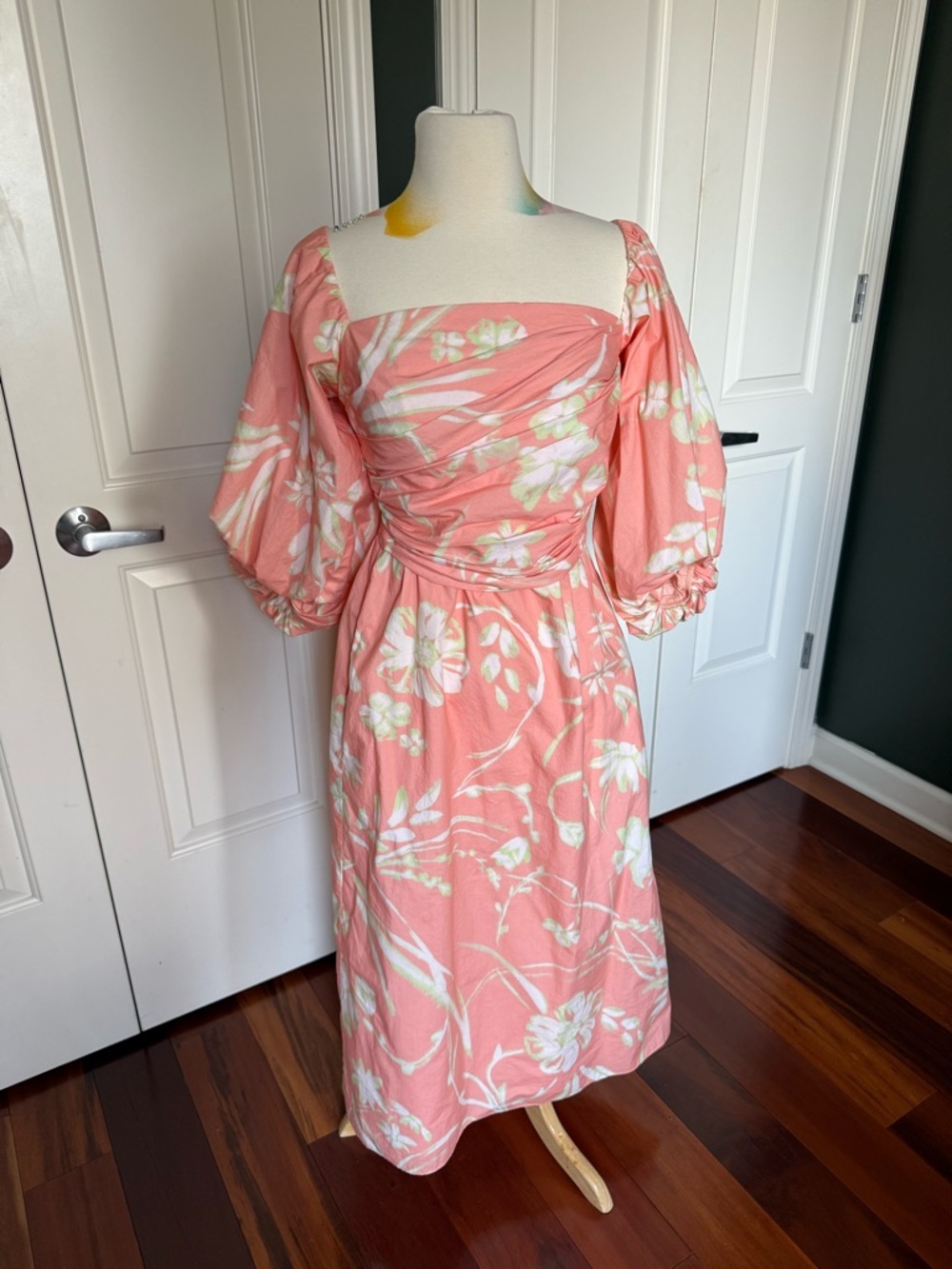 NWT Tanya Taylor Women's Coral Floral Puff-Sleeve Midi Dress